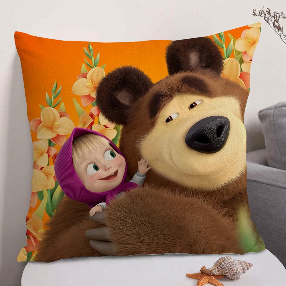 Anime MMasha And The Bear Cushion Cover Natural Linen Organic Fabric DoubleSided Printing Sofa Home Decor Gift Pillow Case