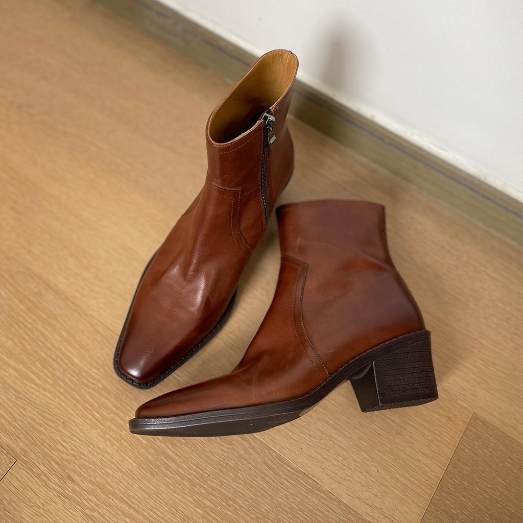 Bootie Women's 2025 New Retro Washed Cowhide Small Square Head Thick Heel Western High Heel Boots British Brown Women's Ankle