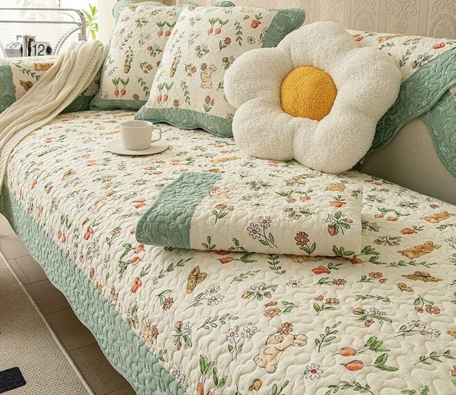 Green Floral Sofa Covers Couch Pastoral Washed Cotton Plaid Fabric Corner Towel Pillow Slip Seat Cushion Recliner Chair Cover