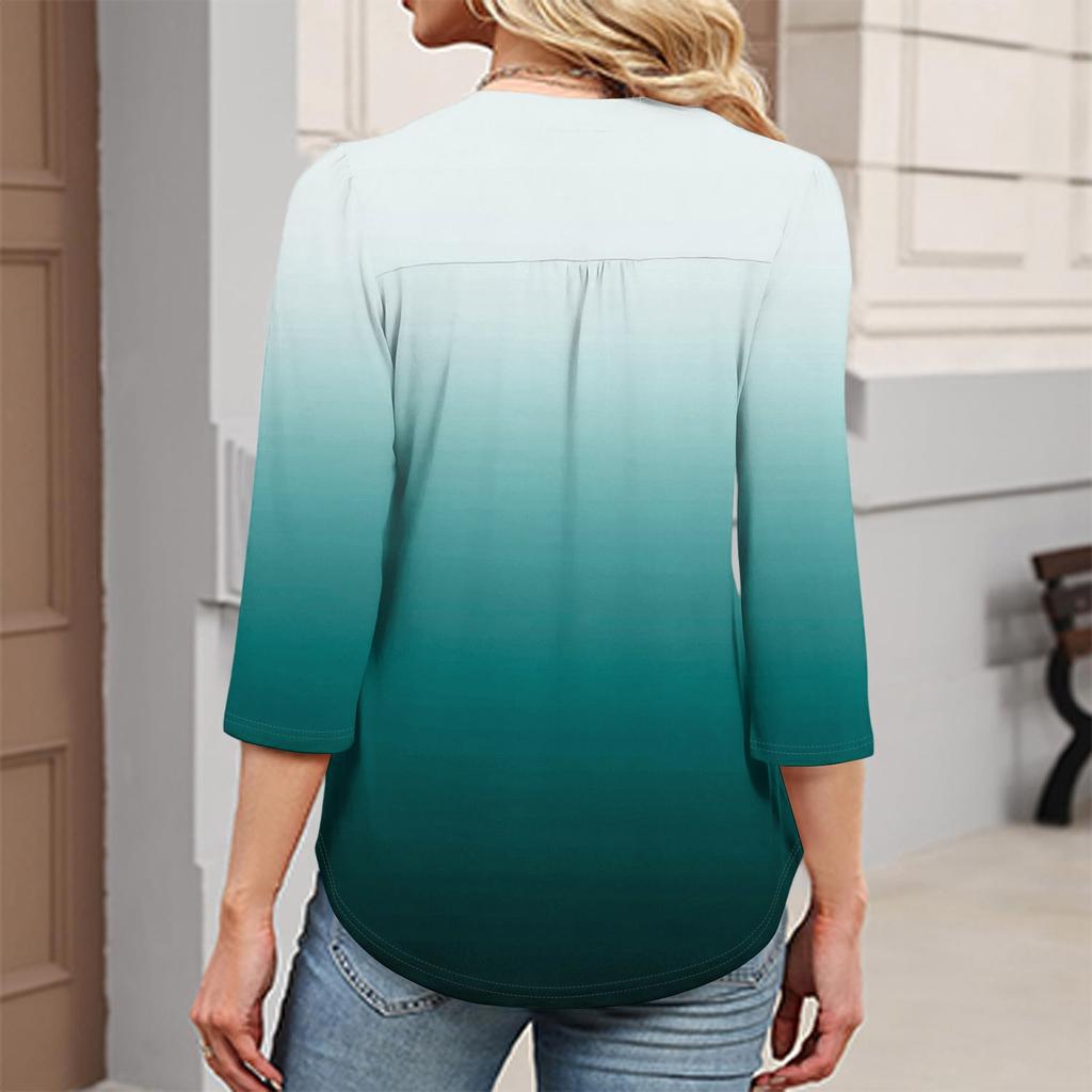 Women's Fashionable Casual Color Block Gradient Print V-Neck Button Three-Quarter Sleeve T-Shirt Top
