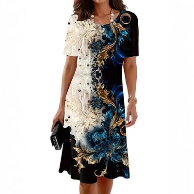 Amazon European and American Standard Size New Summer Printed Round Neck Pullover Lady A-line Short Sleeve Dress Popular In Europe