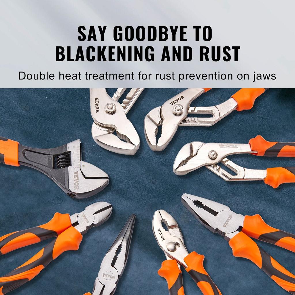 Pliers Set, 8-Piece, High Carbon Steel, 12"/10"/8" Groove Joint Pliers, 8" Linesman's Pliers, 6" Slip Joint Pliers, 8" Long Nose Pliers, 6" Diagonal