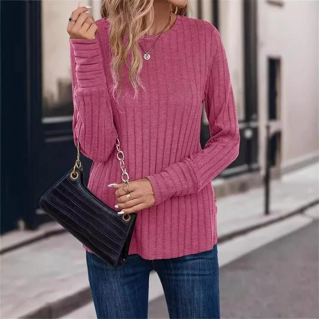 Solid Color Comfortable Crew Neck Pit Strip T-Shirt Spring and Autumn Casual Long Sleeve Top Women's Clothing