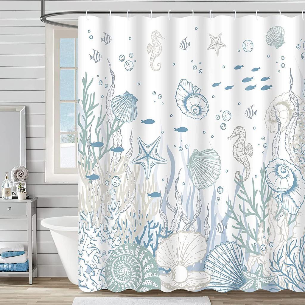 Coastal Marine Shower Curtain: Dolphin, Starfish, Seahorse, Seashell, Sea Turtle - Moisture-Proof, Mildew-Resistant, Waterproof, Beach Bathroom Décor