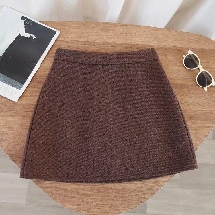 Women's High-Waisted Woolen A-Line Skirt - Gray/Black, 2024 Autumn/Winter Collection