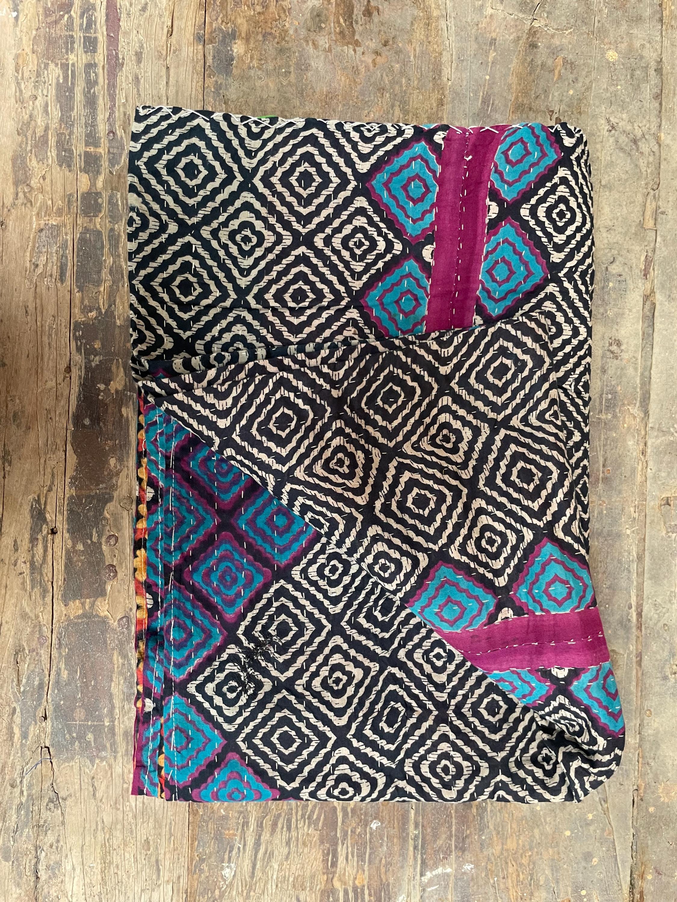 Винтажное одеяло канта: Геометрический лоскутный хлопковый плед, индиго и черный 80X 50