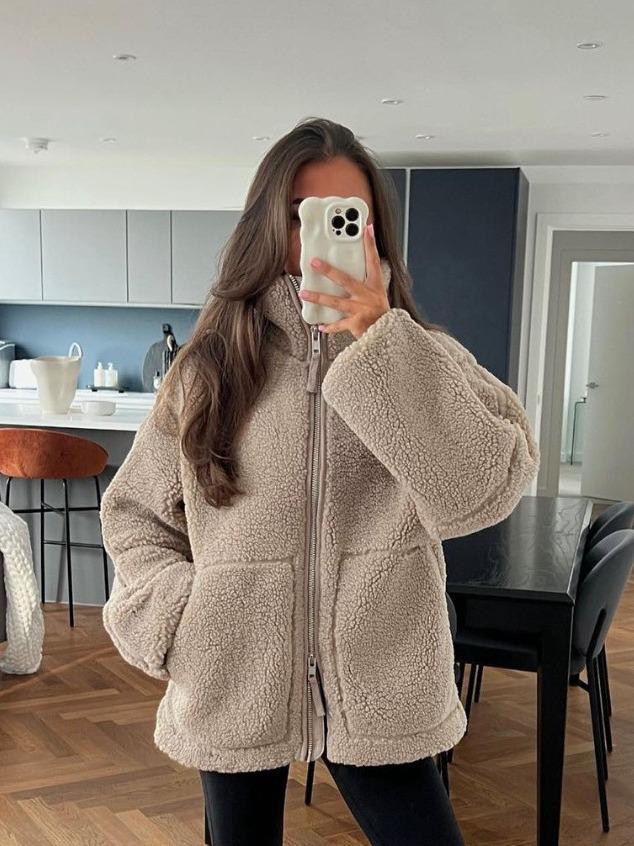 Europäische & Amerikanische Damen Lammwolle Hochkragen Jacke - Herbst/Winter Unifarben, Gemütlicher Stil