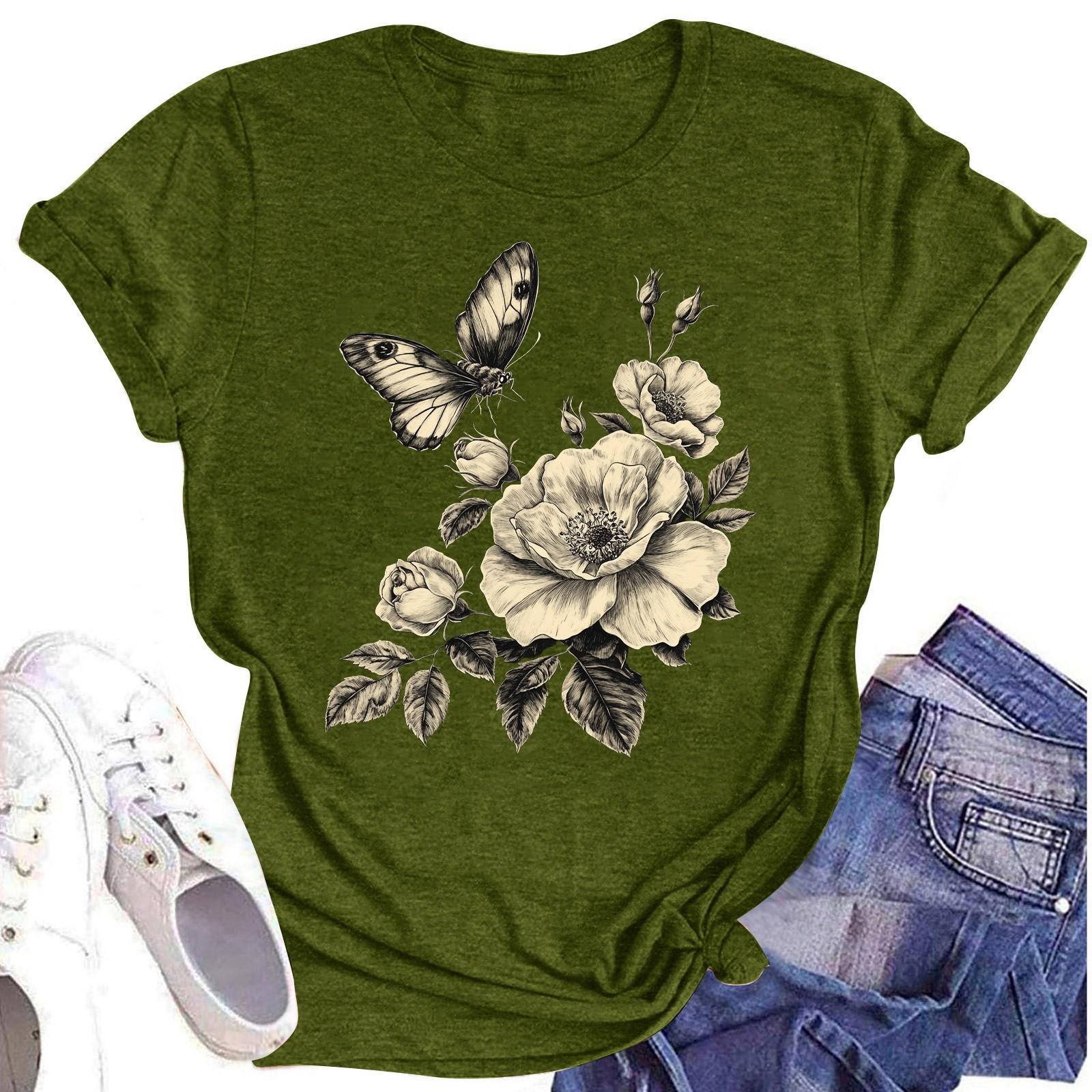 

Женская повседневная футболка с круглым вырезом и цветочным принтом, короткий рукав L армия зеленый