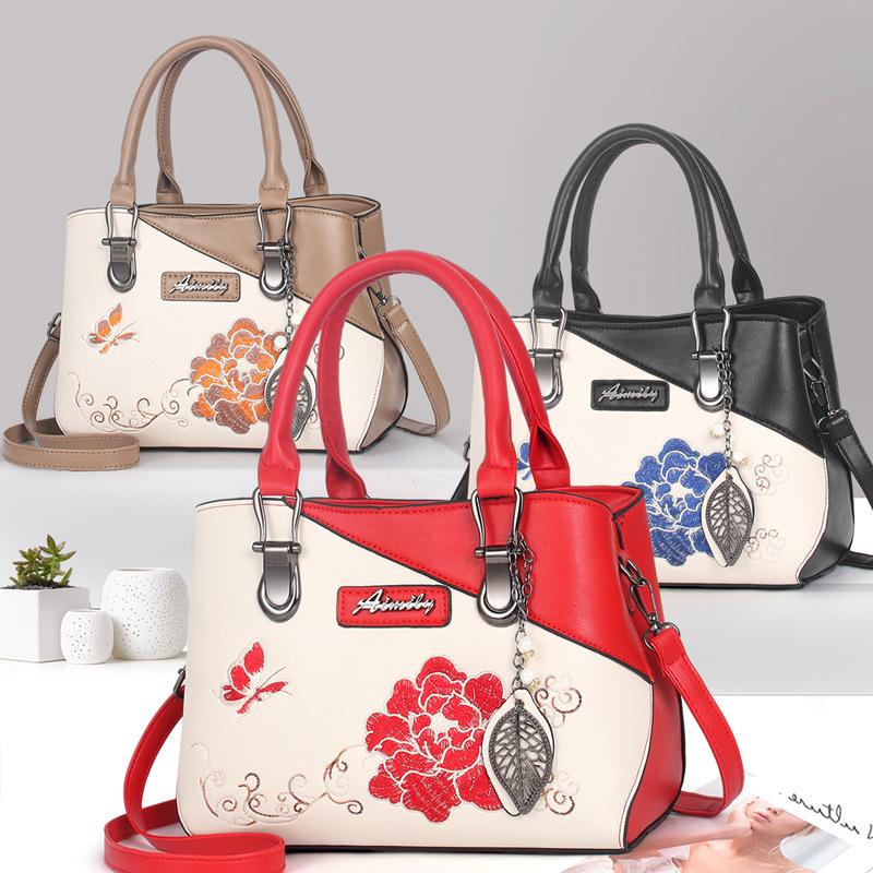 Large capacity handbag, national style embroidery mother gift, peony flower atmosphere, shoulder messenger bag, dignified