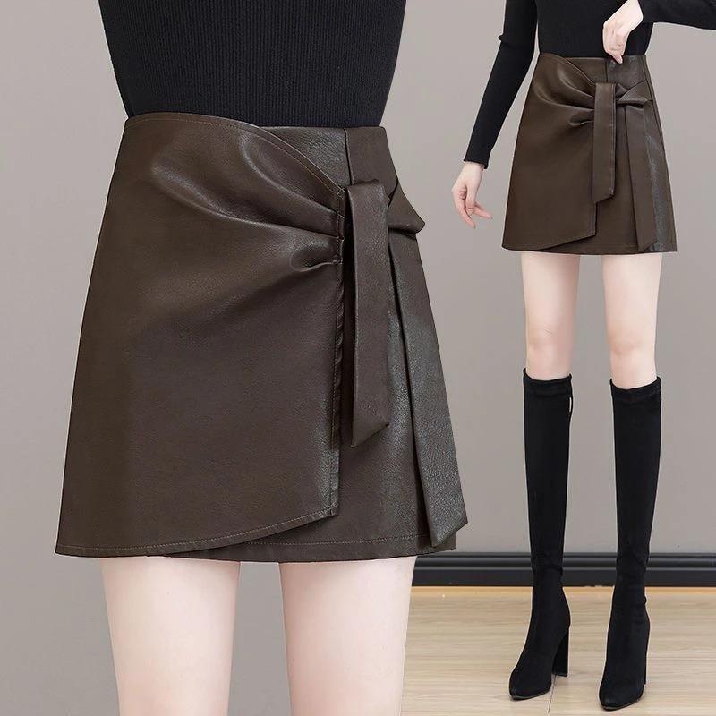 Women Faux Leather Wrap Mini Skirt S