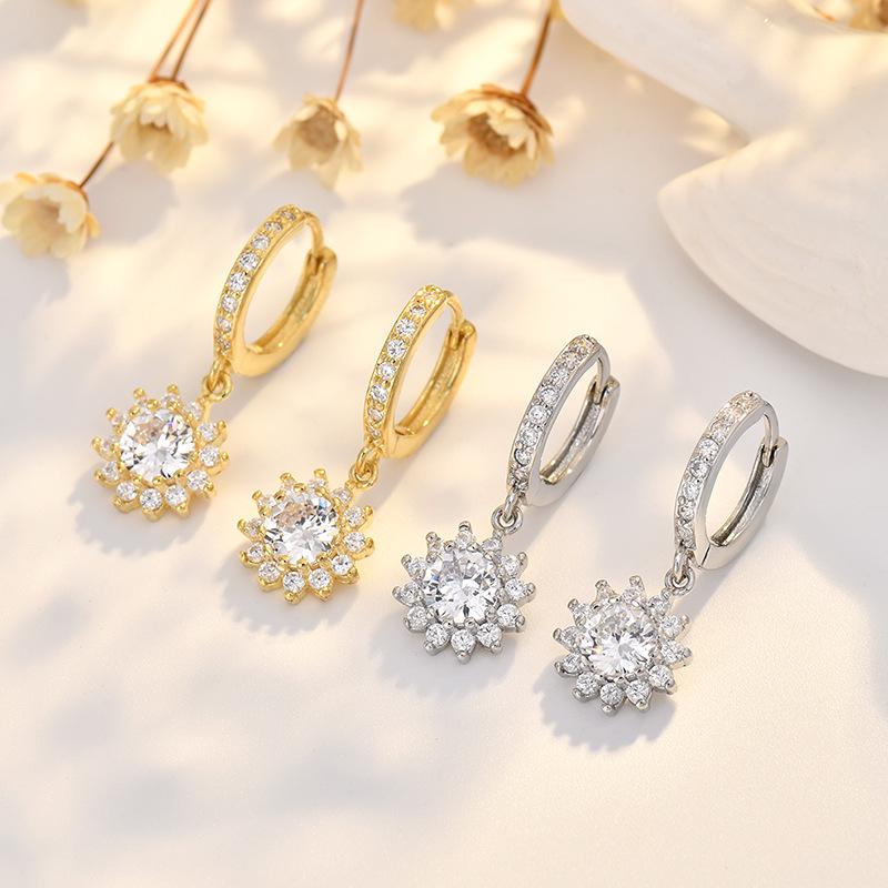 Gold-Plated Moissanite Sunflower Earrings with 925 Sterling Silver Needles & Zircon Backs for Women