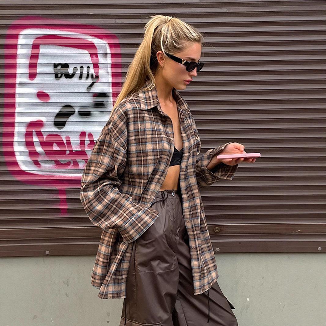 2025 European & American Women s Retro Long Plaid Shirt – Fashionable Loose Fit Base Layer Top S