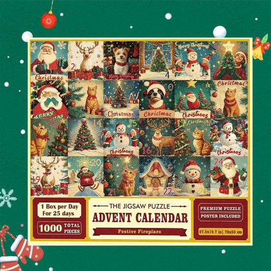 1000Pcs/Set Christmas Jigsaw Puzzle Advent Puzzle 2025 24 Days Educational Puzzle Xmas Countdown Calendar Decoration Holiday Party Gift
