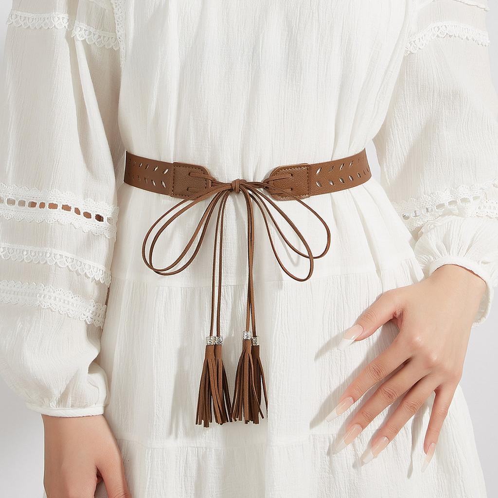 Retro Fashion Womens Pu Belt With Studs And Tie Closure For Casual Look