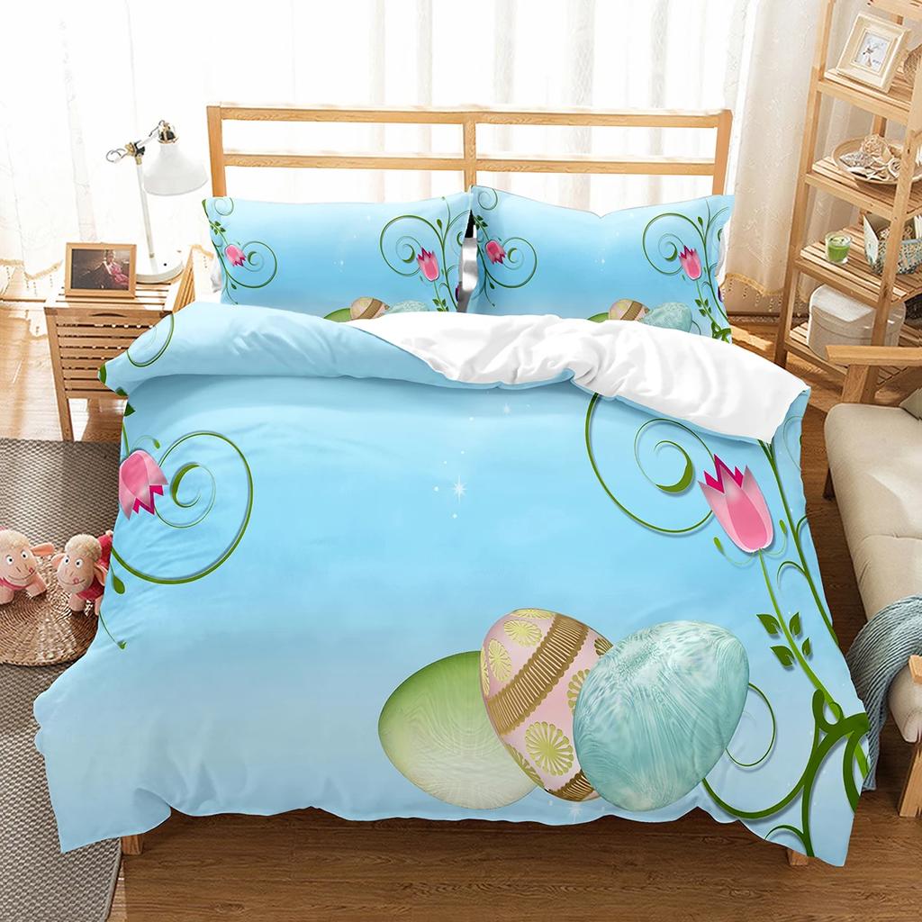 Happy Easter Duvet Eggs Rabbit Pattern Polyester Comforter Cover Festival Gifts for Kids Boys Girls Bedding Set with Pillowcase