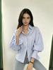 Women Blue Striped Blouses and Shirts Korean Style Y2k Gyaru Blouse Elegant Vintage Lantern Sleeve Shirt for Women Spring Autumn