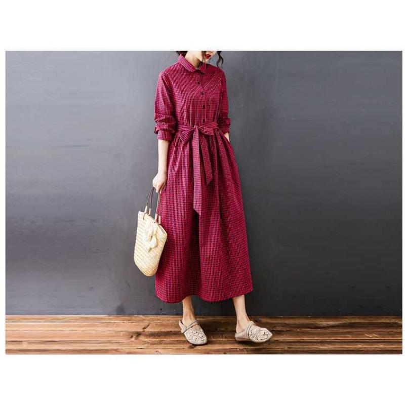 Women's Cotton and Linen Loose Fitting Plaid Mid Length Dress