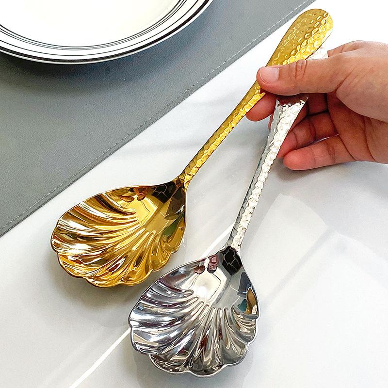 1pc Shell Shape Stainless Steel Spoon With Long Handle Ladle Restaurant Dessert Spoon Ice Cream Scoops Kitchen Accessories Tool