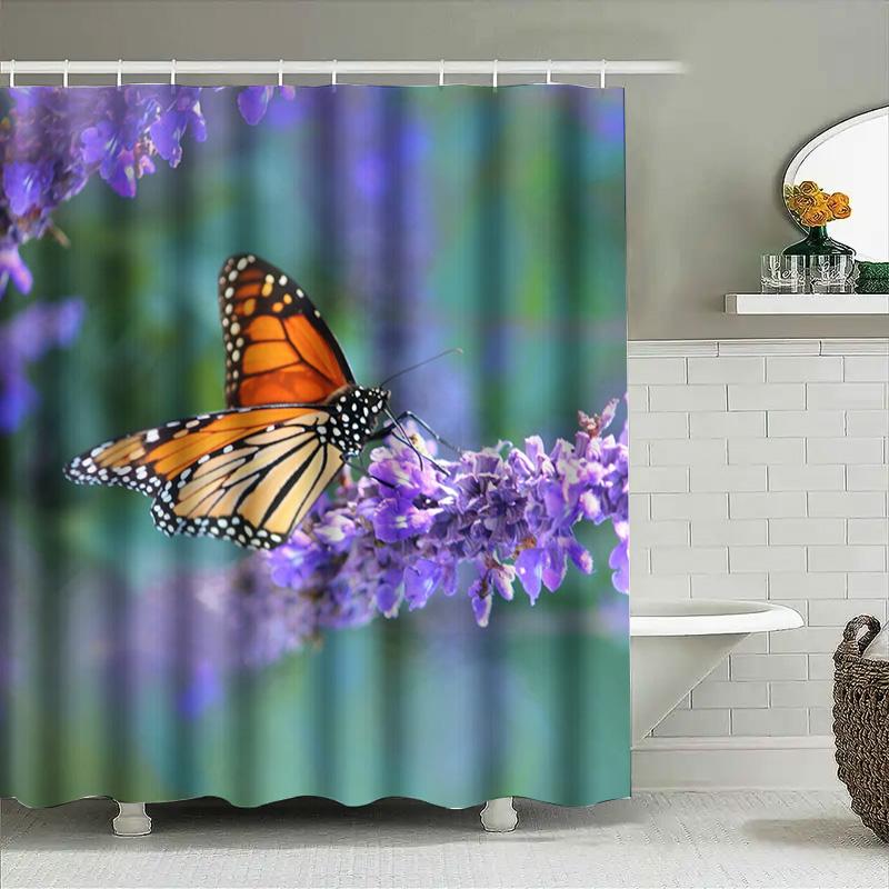 Monarch Butterfly Lavender Bath Shower Curtain Floral Home Decor Waterproof Printing for Bathroom Decoration Purple 3D Digital P