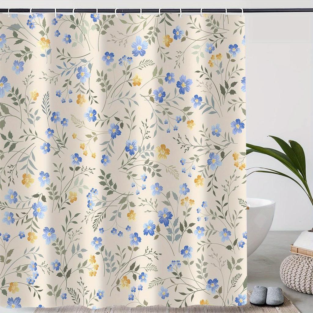 1 Stück Blau Gelb Wildblumen Duschvorhang, Süßes Boho Landhaus Floral Grünes Blatt Pflanze Botanischer Badvorhang