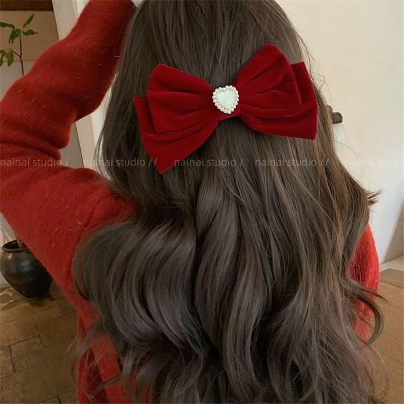 Cat Eye Heart Bow Velvet Hair Clip Women Retro Wine Red French Elegant Pearl Back Head Hair Accessories