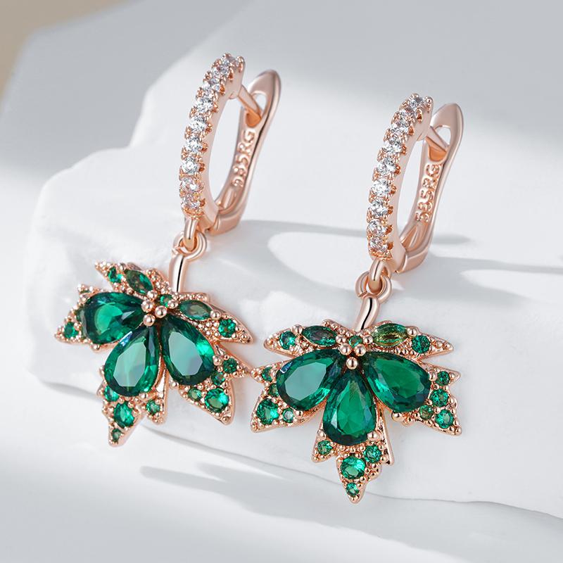 Oryginalny Design Błyszczące Zielone Naturalne Cyrkony Kolczyki Liść Klonu Dla Kobiet Moda Kolor Różowego Złota Codzienna Delikatna Biżuteria