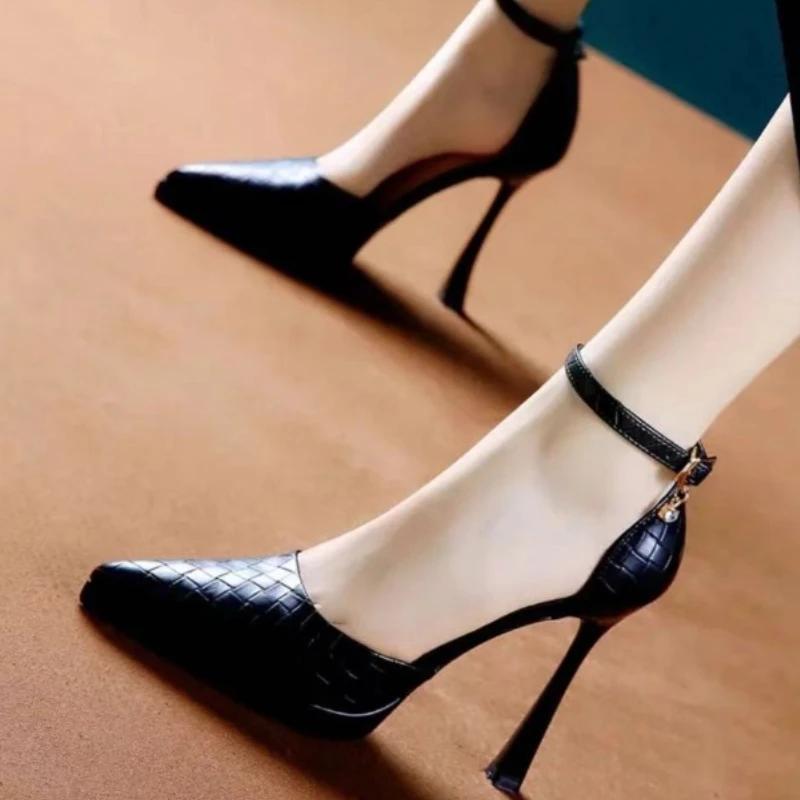 Baotou Sandals Lady 2025 Summer New Temperament Women Shoes One Line Buckle Crystal 11cm Heel Fashion Pointed High Heels Shoes