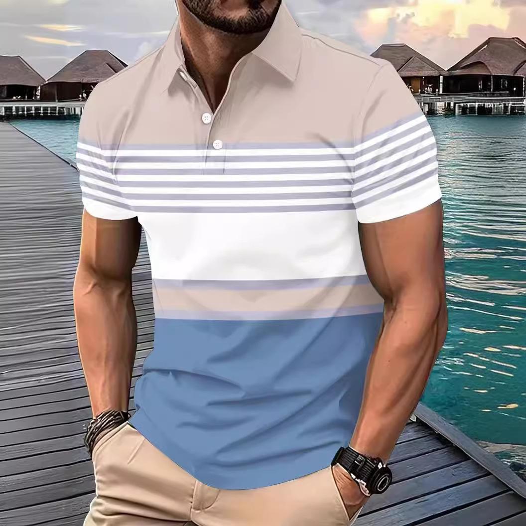 New Men s Casual POLO Shirt Summer Lapel Button Striped Colour Blocking T-shirt Tops S белый