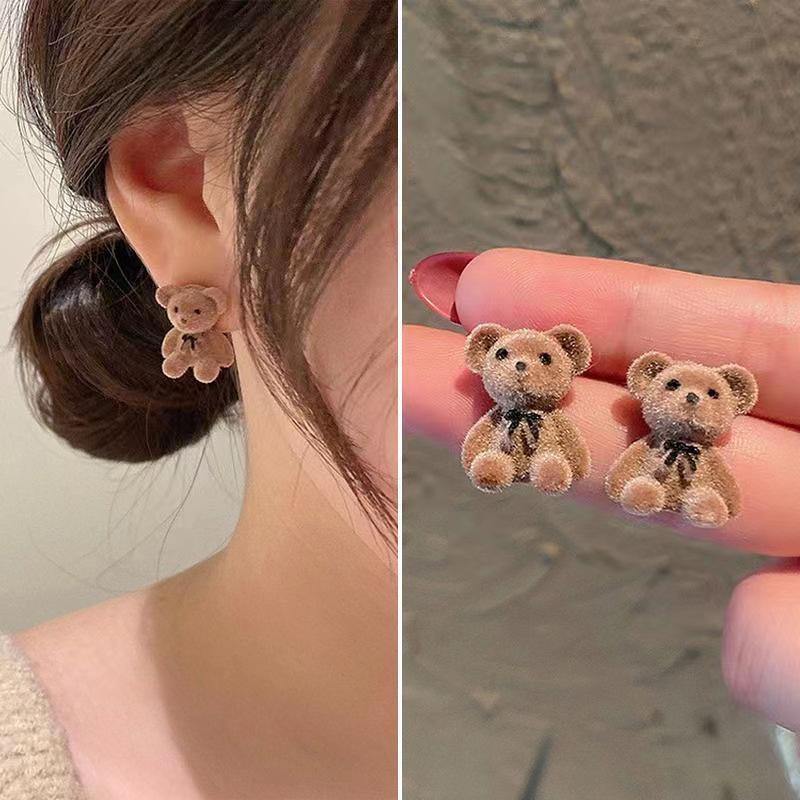 Korean Flocking Teddy Bear 925 Silver Stud Earrings - Trendy & Simple Design for 2023