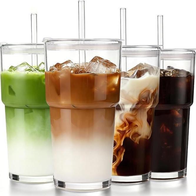 20oz Bamboo Glass Cup with Vertical Stripes and Lid