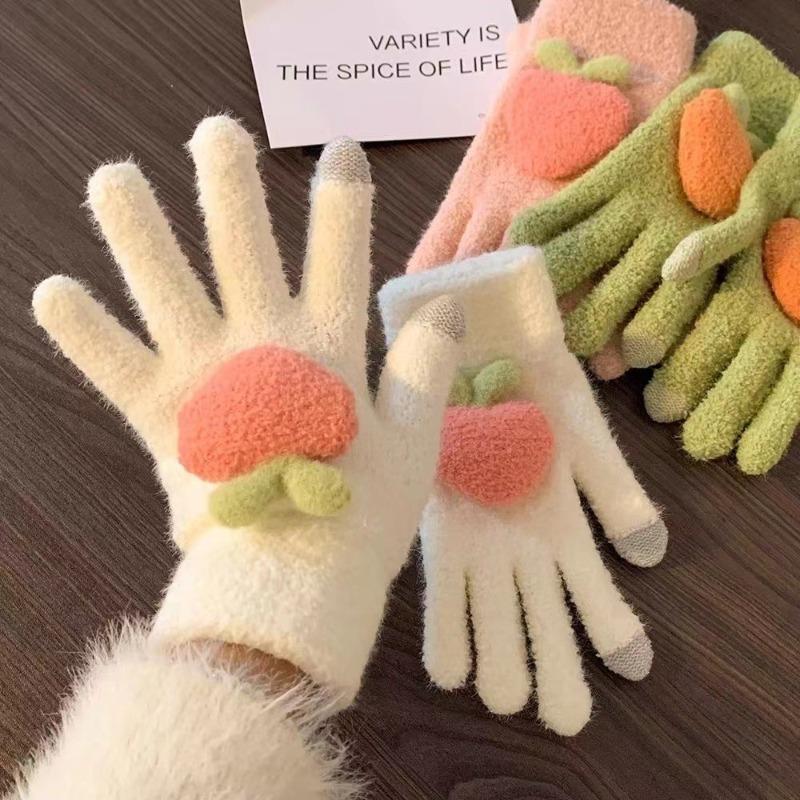 Persimmon Ruyi~ Cute Knitted Wool Gloves for Women's Winter Touch Screen Warm and Cold-proof Plush Student Cycling Gloves