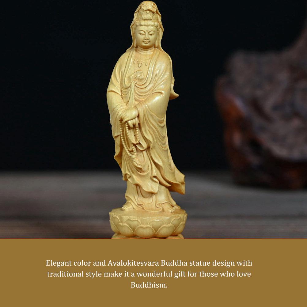 Premium Handcrafted Wooden Avalokitesvara Statue Desktop Decor Retro Chinese Style Buddha Ornament for Home Office Zen
