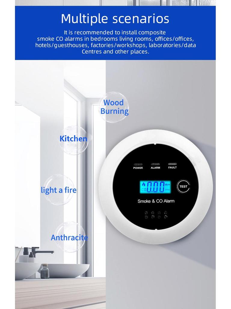 2-in-1 Smoke & Carbon Monoxide Detector with CE FCC ROHS Certification, Standalone Sound & Light Alarm
