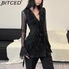 BITCED Fall Women's Solid-Color Slim-Fit Streetwear V-Neck Long-Sleeve Mesh Top