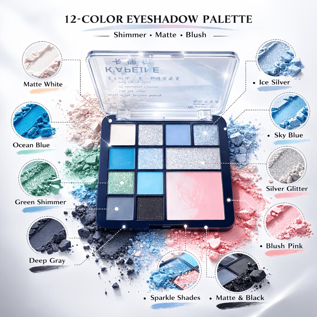Dromerige Koele Toon Palet Blauwe en Zilvergrijze Shimmer Oogschaduw en Blush Highlighter Transparante Verpakking, Perfect voor Frisse Lente en Edgy Festival Looks