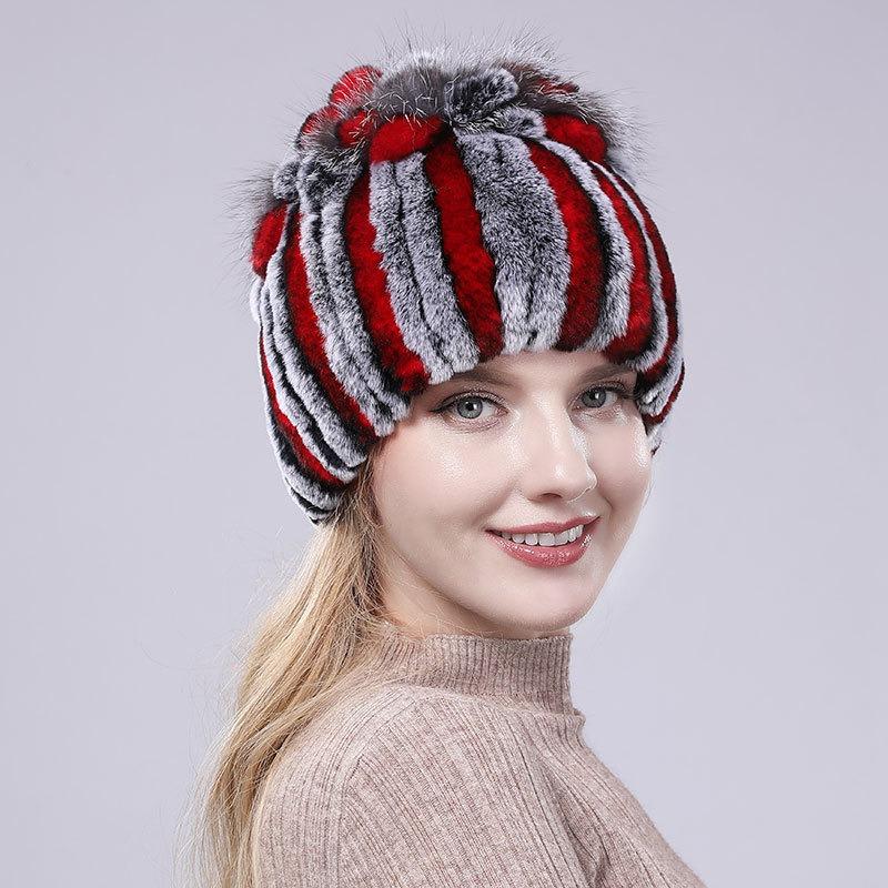 New Rex Rabbit Hair Hat Women's Winter Thickened Warm Fashion Versatile Elastic Fur Woven Hand-sewn Knitted Hat