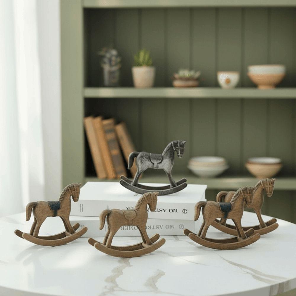 Nordic Retro Wooden Rocking Horse Wooden Horse Animal Figurines Desk Decor  Living Room