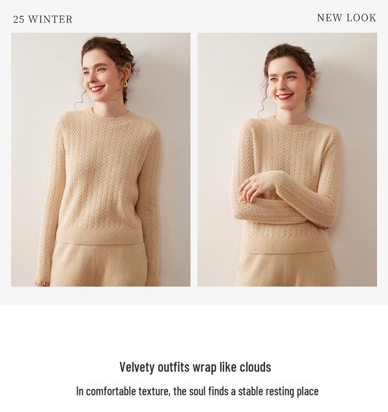 Autumn/Winter 2025 Women's Cashmere Cable Knit Sweater - Round Neck, Loose Fit, Slimming Style