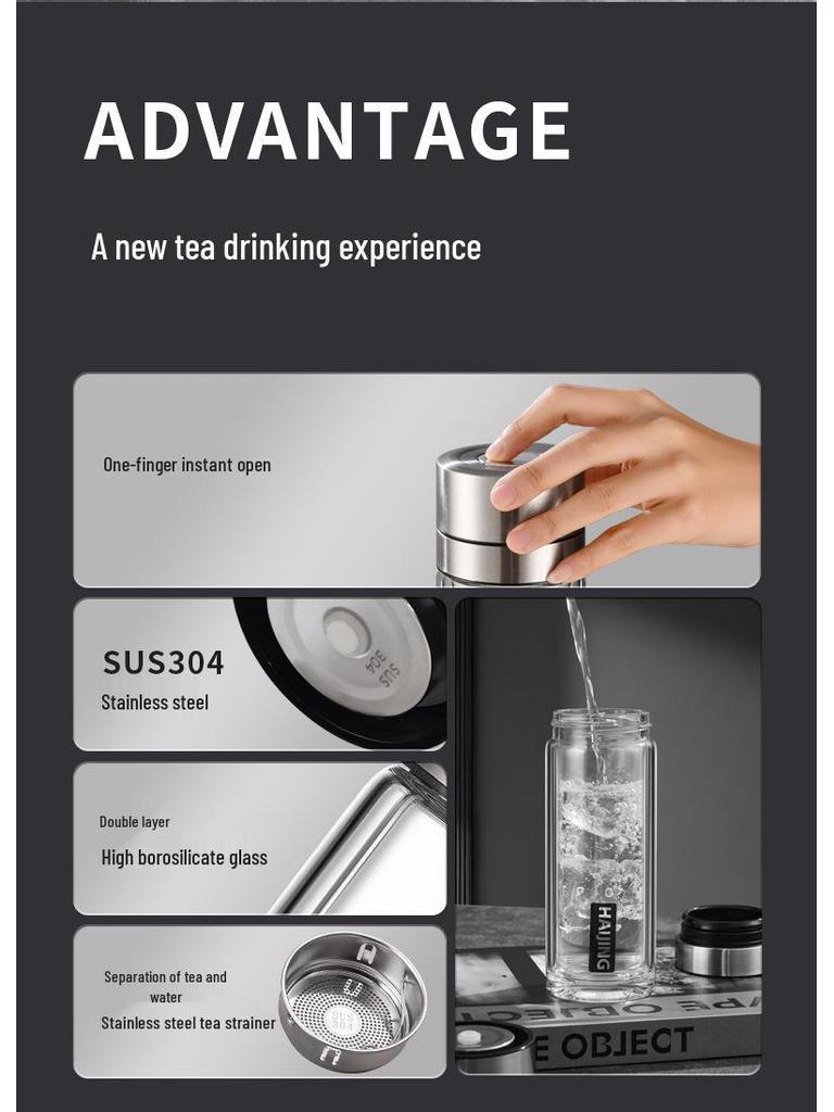 Portable Double-Layer Glass Tea Cup with One-Touch Lid – Unisex Business Gift