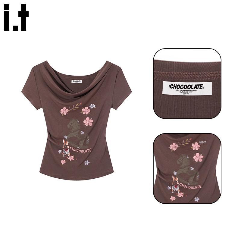 :CHOCOOLATE Draped Neck Slim Fit Short Sleeve T-Shirt