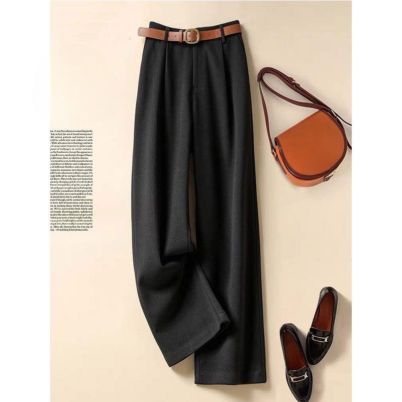 Grey Fashion Woolen Pants, Women's High Waisted Suit Trousers for Autumn and Winter