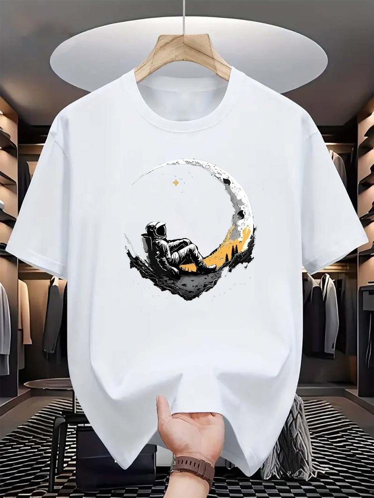 

Summer Men s 100% Pure Cotton Casual Loose Fit Astronaut Login Moon Pattern Printed Comfortable Round Neck Short Sleeved T-shirt 5XL різнокольоровий