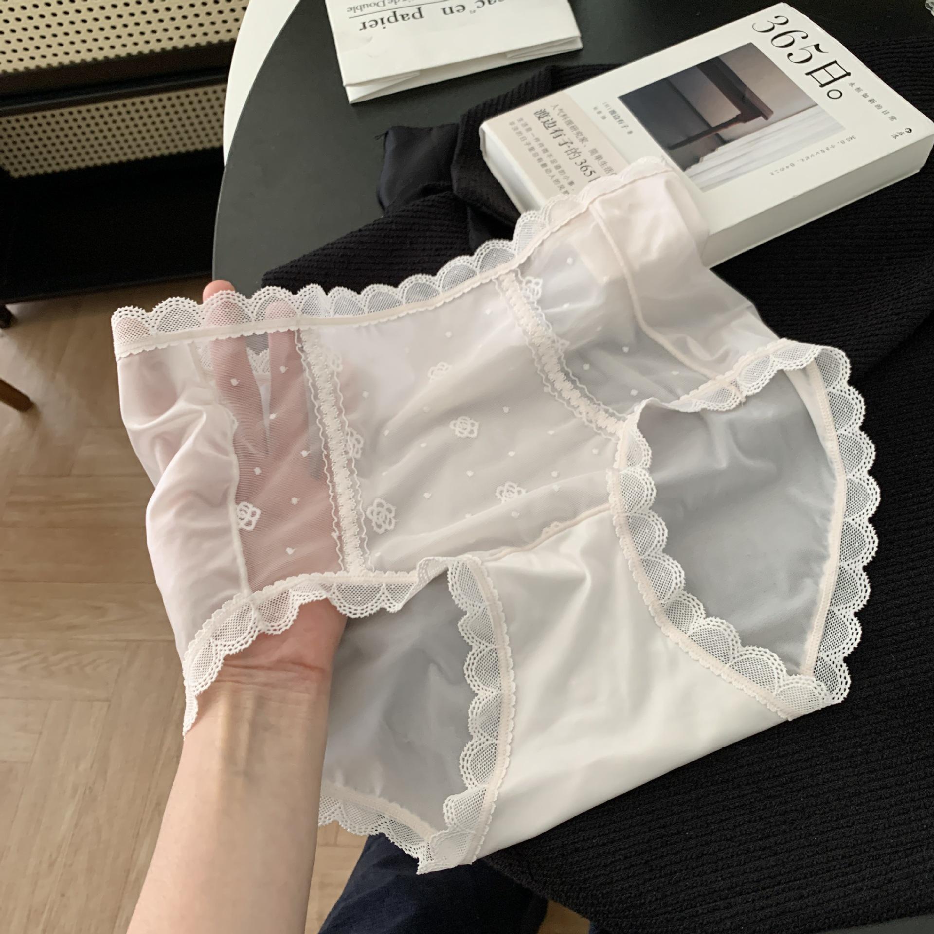 High-Waisted Camellia Mesh Lace Thongs for Women - Antibacterial Cotton Crotch, Slight Tummy Control. One Size (45-70 kg)