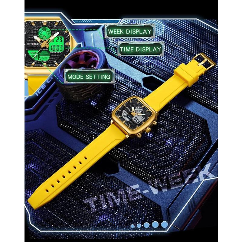 SANDA Retro Square Double Display Electronic Watch Night Light Waterproof Business Leisure Men's Watches Sports Silicone Strap Wristwatch