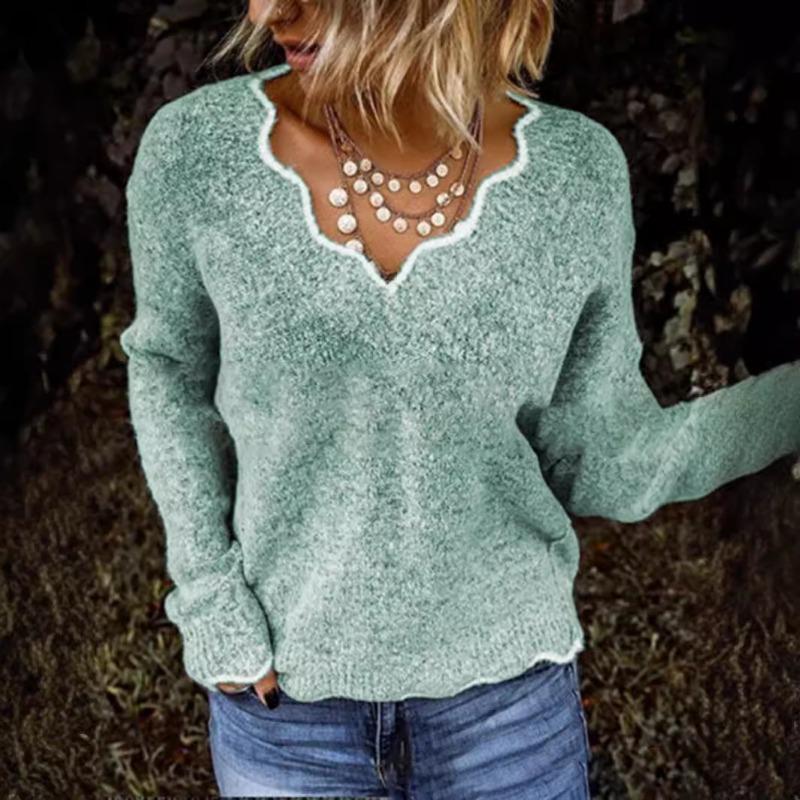Pulover cu decolteu în V, Pulover cu material cald și moale, Pulover drăguț, Tricou de bază tricotat multicolor, Top casual cu mâneci lungi pentru femei, Toamnă Iarnă