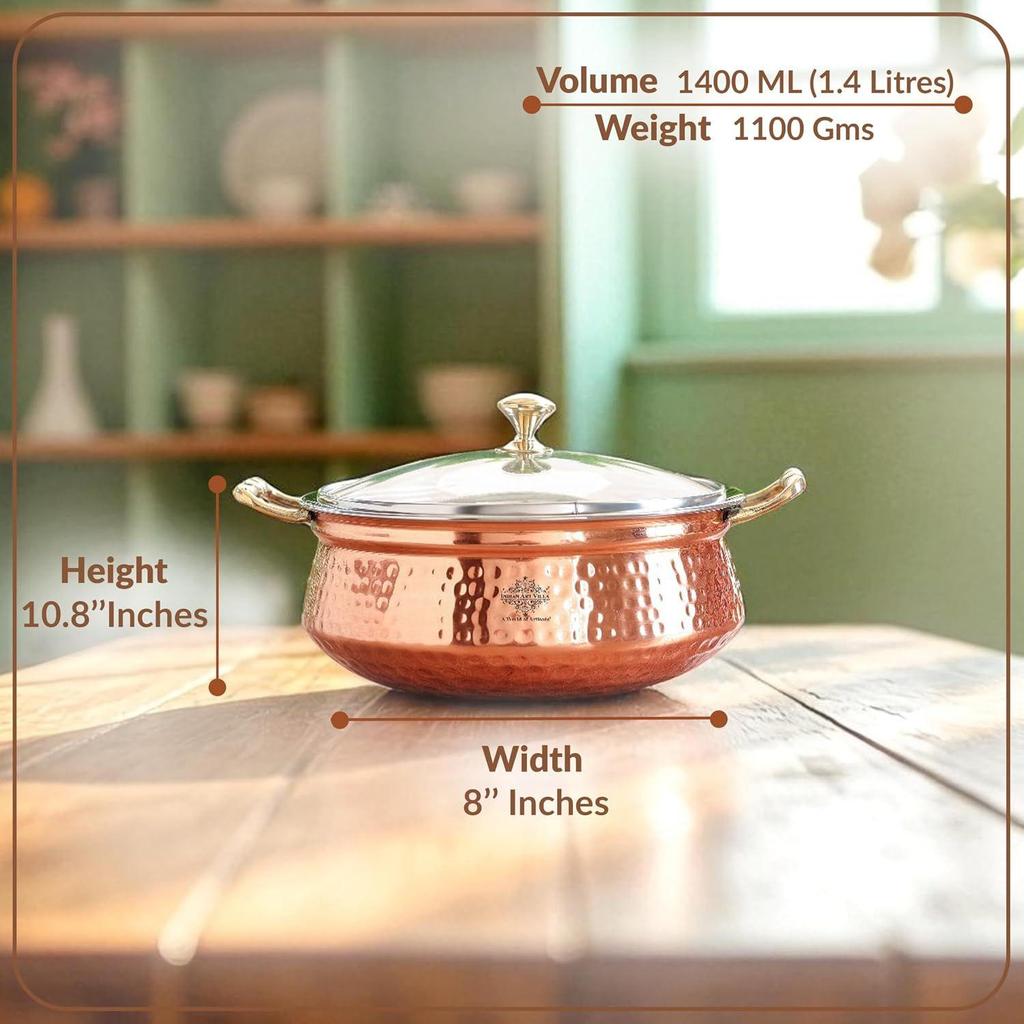 Hammered Copper Handi Casserole with Glass Lid, 1400 ML