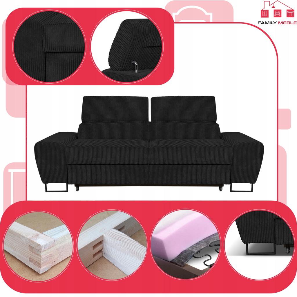 Sofa Couch Savio Living Room Family Furniture Black Corduroy Reg Headrest