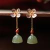 New In Fresh Floral Natural Hetian Jasper Lotus Earrings For Women Vintage Ancient Gold Craft Light Luxury Wedding Jewelry