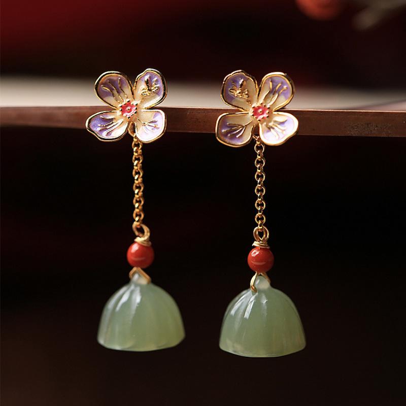 

New In Fresh Floral Natural Hetian Jasper Lotus Earrings For Women Vintage Ancient Gold Craft Light Luxury Wedding Jewelry