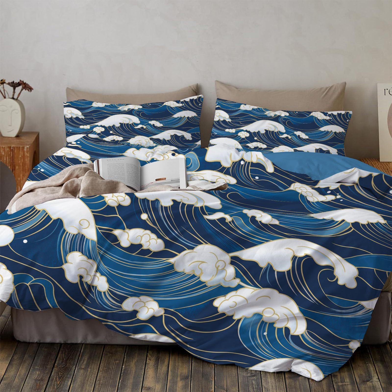 

Japanese Style Waves Queen Duvet Cover Set Ocean Coastal Theme Comforter Covers with Zipper, Bedding Set for Kids Teens Adults EU Single(135x200cm)